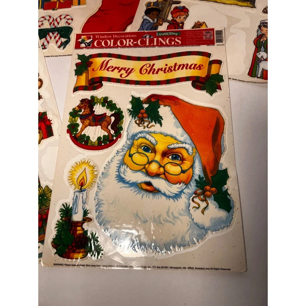 Vintage 1996 Color-Clings Christmas Window Clings Santa Nativity Bears Lot of 5